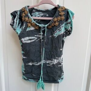 Jack & Peppar 2T Girls Gray and Blue Tie Die Short Sleeve Blouse with Flowers